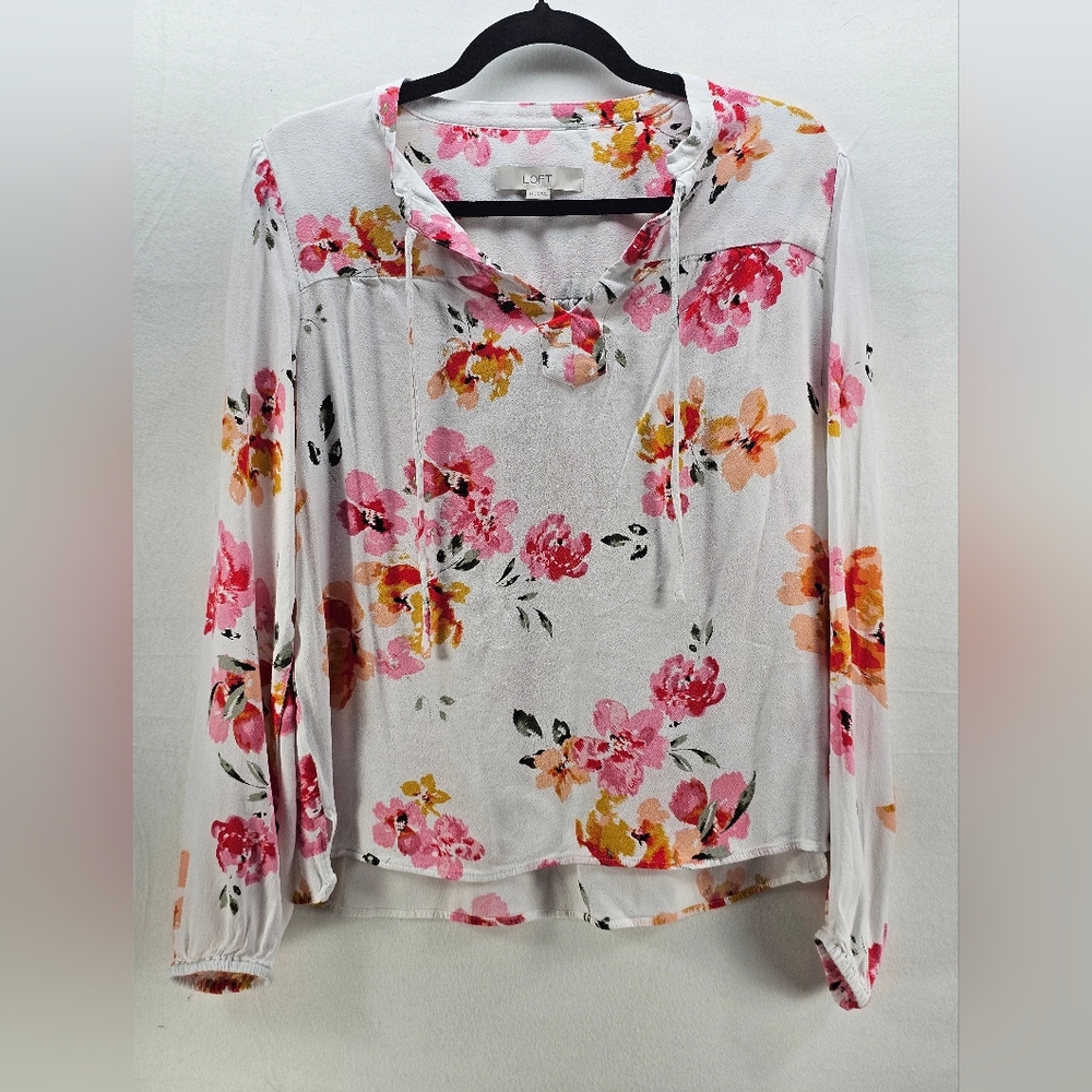 LOFT Womens White Floral Print Long Sleeve Tie‎ Neck Casual Blouse Top Size M